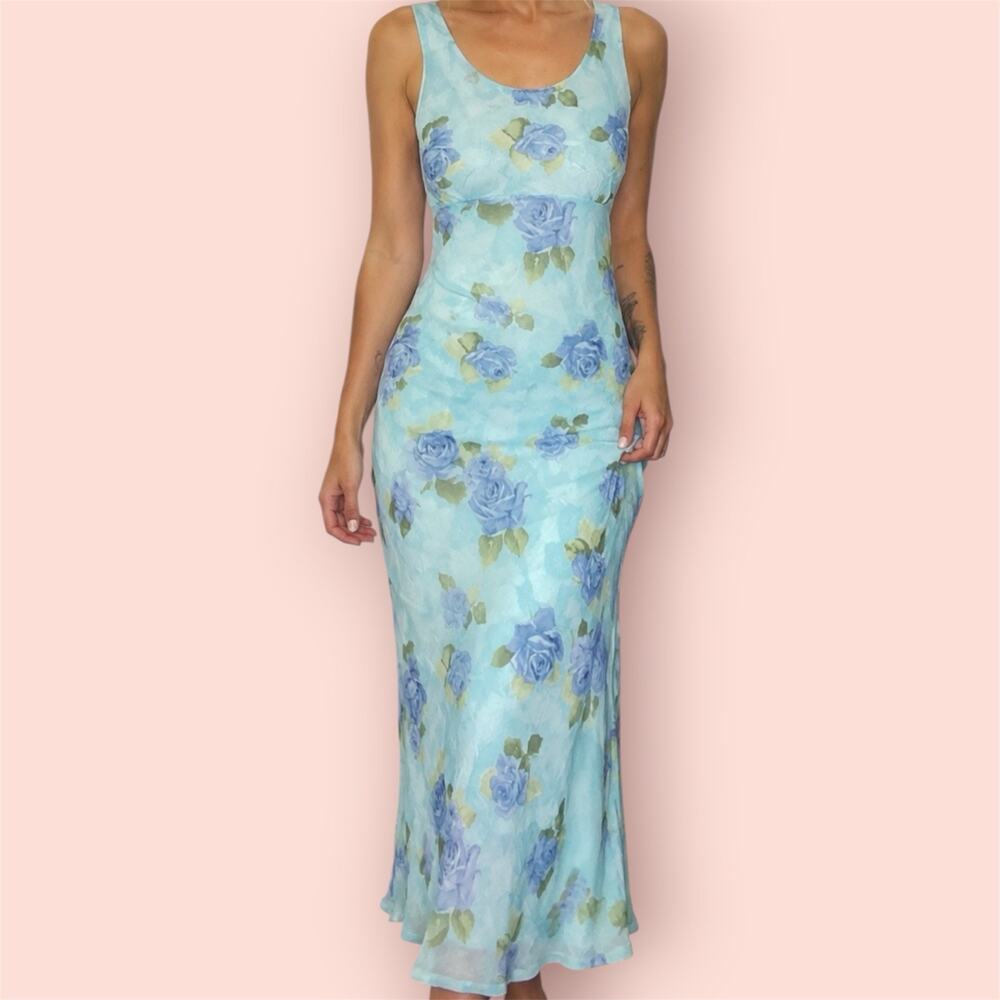 Vtg Floral Midi Dress Y2K Blue Rose Sleeveless 5/6 Cottagecore Crinkle Ethereal